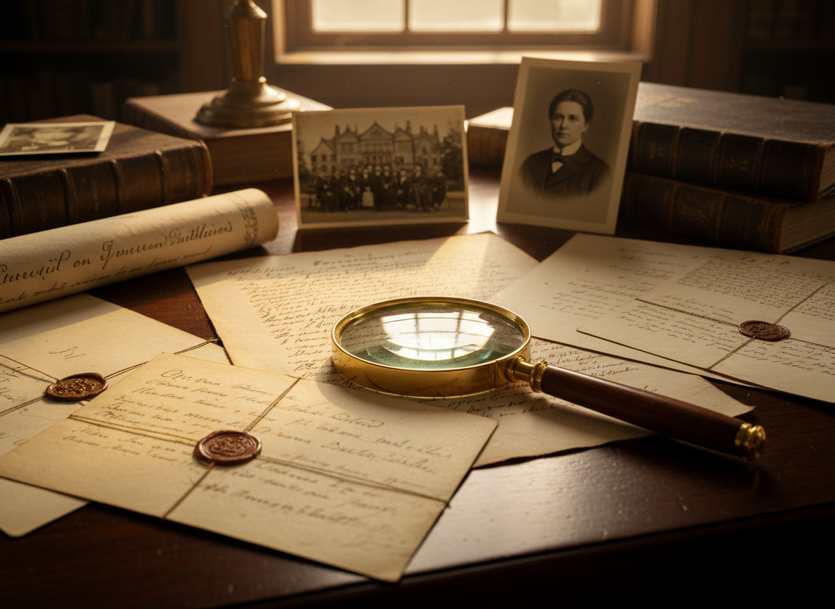 Close-up of historical archival materials: aged parchment documents, handwritten letters, sepia photographs, and a magnifying glass on a dark surface.