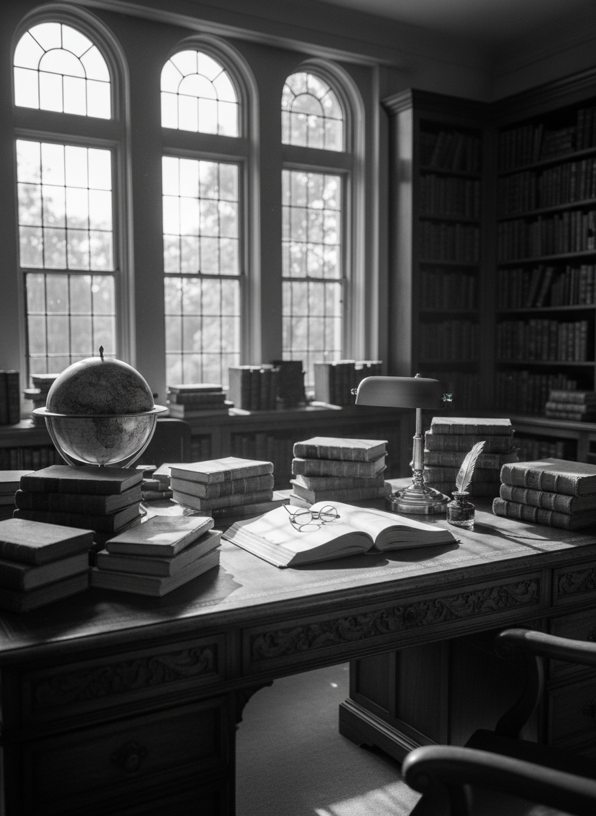 Editorial black-and-white photograph of a historian's study: a sunlit desk near tall windows, antique leather-bound books, an open manuscript, and a brass reading lamp.