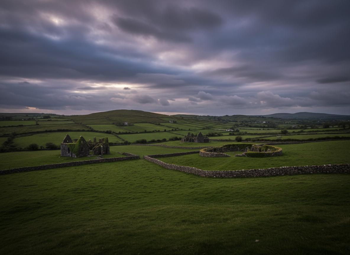 Atmospheric photograph of the Irish countryside with rolling green hills, ancient stone ruins, and a dramatic overcast sky.